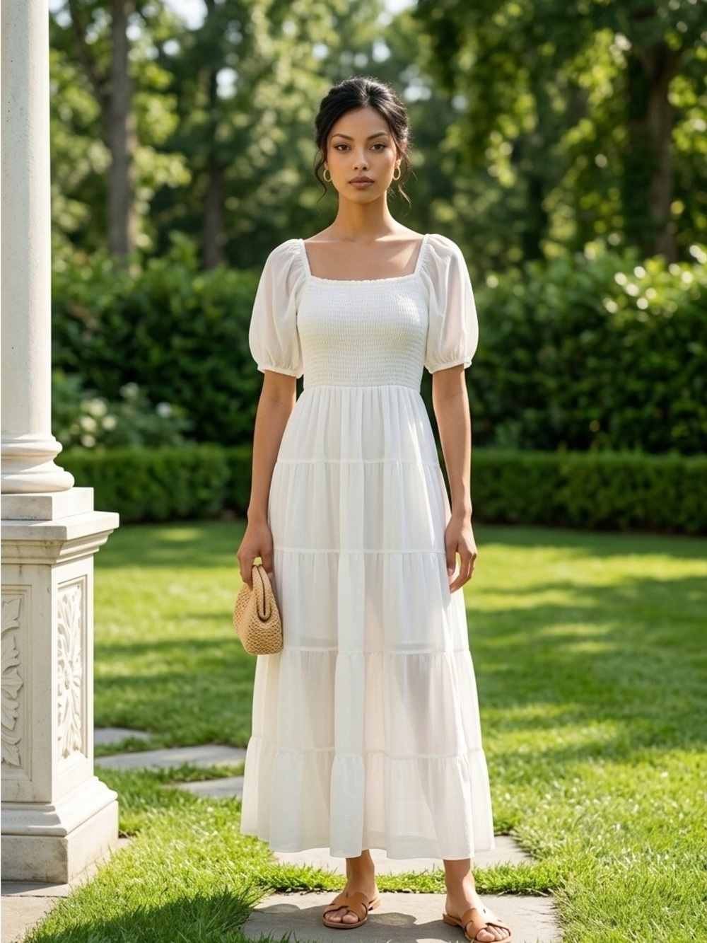 ANDREE BY UNIT White Puff Sleeve Smocked Maxi Dress